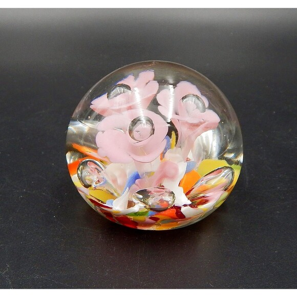 St Claire Art Glass Pink Trumpet Flower Paperweight Controlled Bubble Signed SIC - Picture 2 of 9